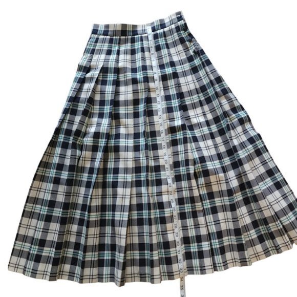 Vintage Jaeger Plaid white and navy pleated wool midi skirt - Picture 6 of 12